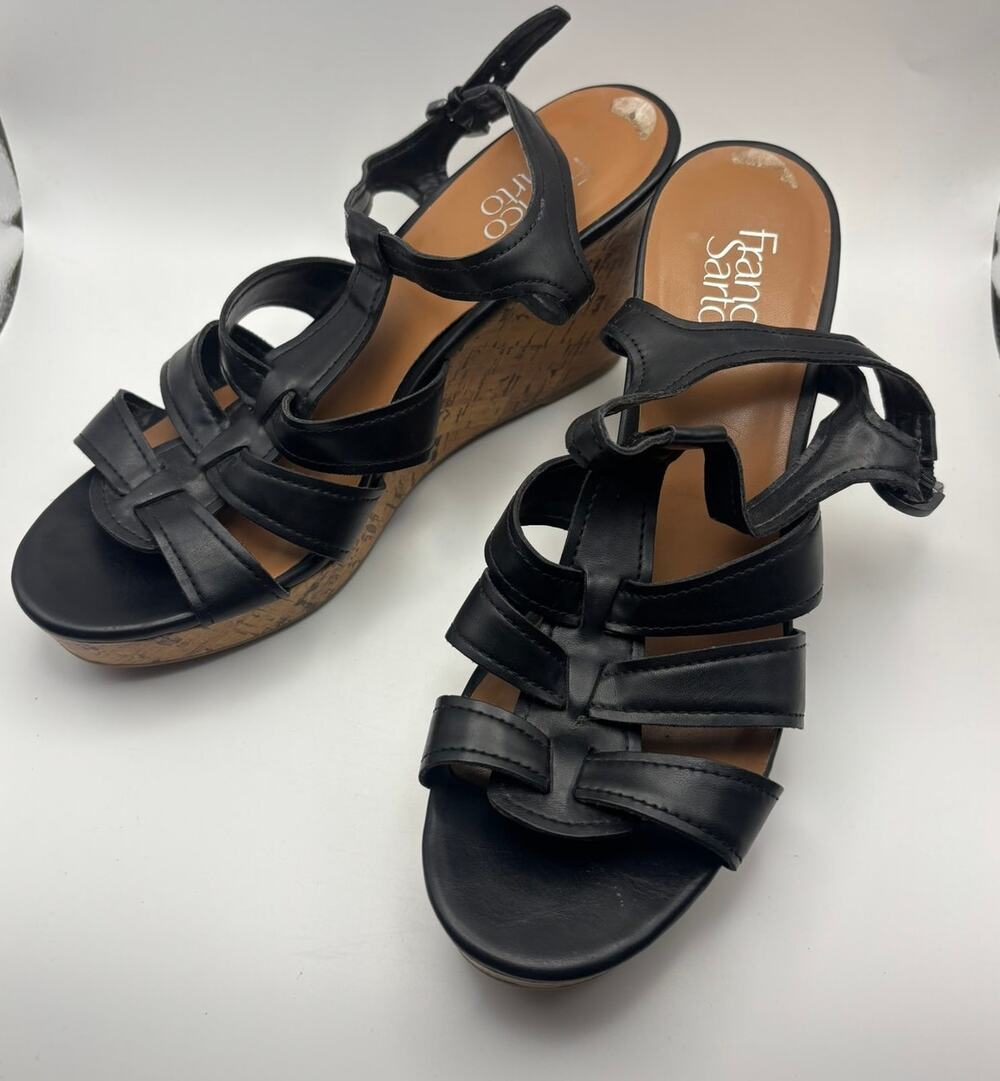 Franco Sarto Marybeth Womens Size 9.5 Wedge Sandals Open Toe Black T Strap